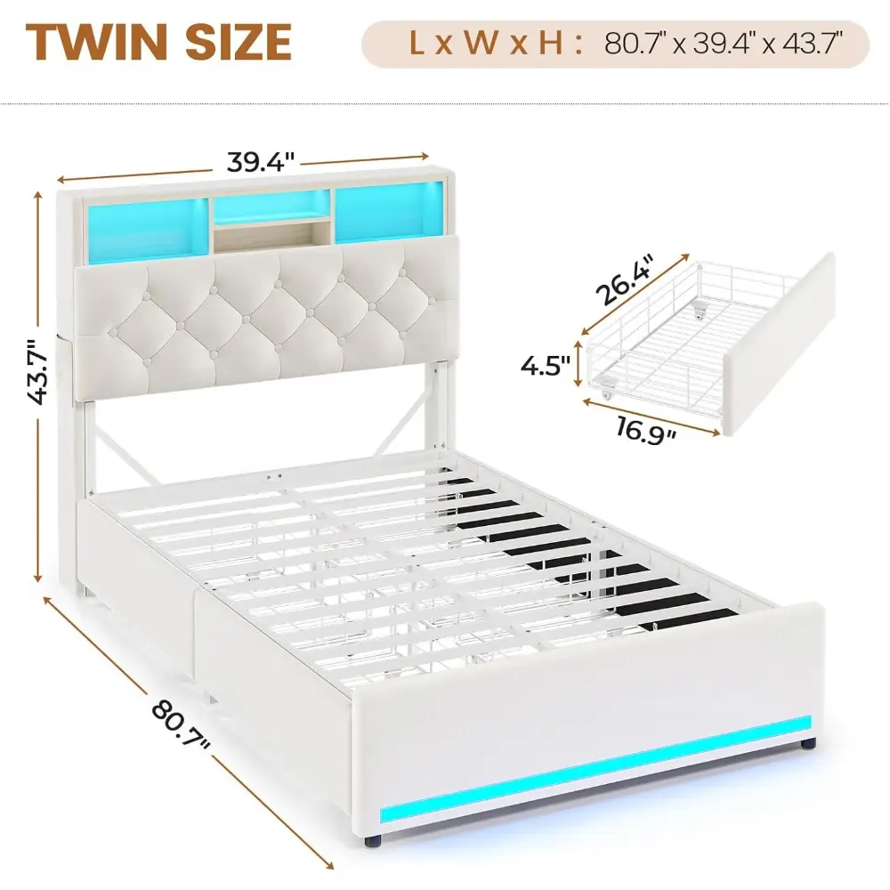 Storage Headboard Twin Bed Frame with 4 Drawers, LED Twin Bed with Charging Station, Velvet Metal Upholstered Bed