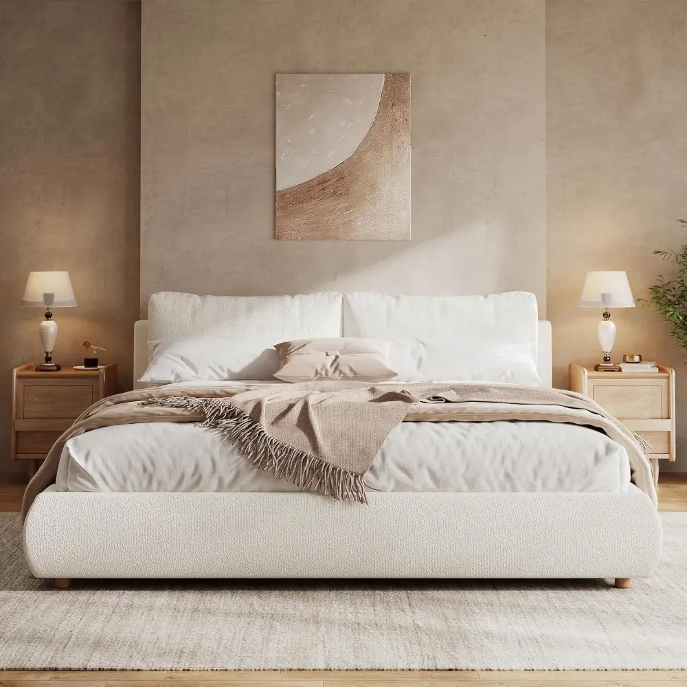 Merax King-Size Fabric Bed with Pillow Headboard and Solid Wood Frame