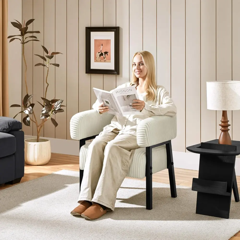 Pair of Modern Corduroy Upholstered Barrel Chairs with Solid Wood Legs and Pocket Coil Cushioning