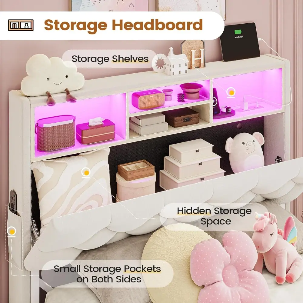 Storage Headboard Twin Bed Frame with 4 Drawers, LED Twin Bed with Charging Station, Velvet Metal Upholstered Bed