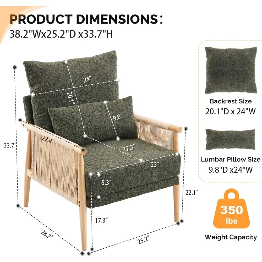 Mid-Century Modern Braid Accent Chairs, Pair of Comfortable Lounge Chairs with Wooden Armrests and Waist Pillows