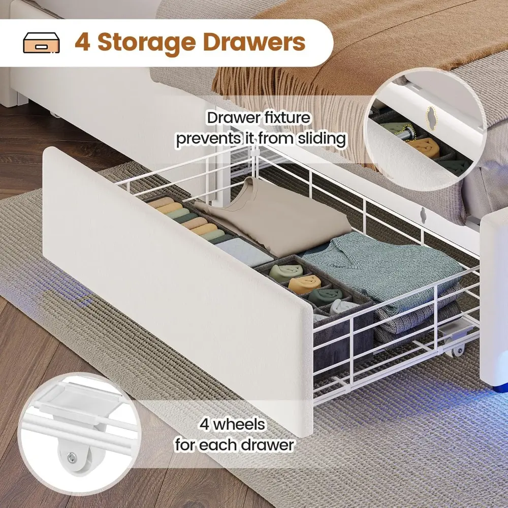 Storage Headboard Twin Bed Frame with 4 Drawers, LED Twin Bed with Charging Station, Velvet Metal Upholstered Bed