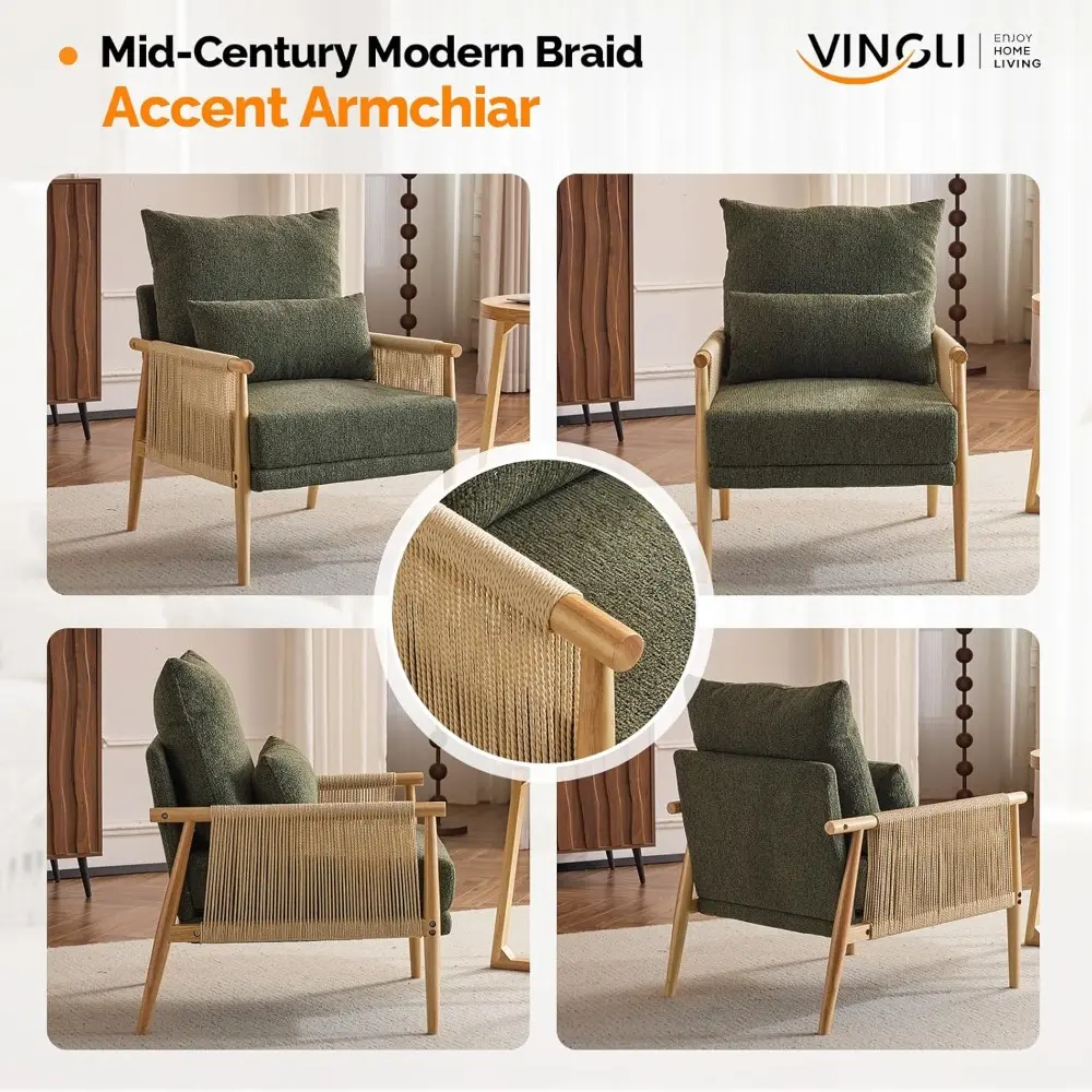 Mid-Century Modern Braid Accent Chairs, Pair of Comfortable Lounge Chairs with Wooden Armrests and Waist Pillows