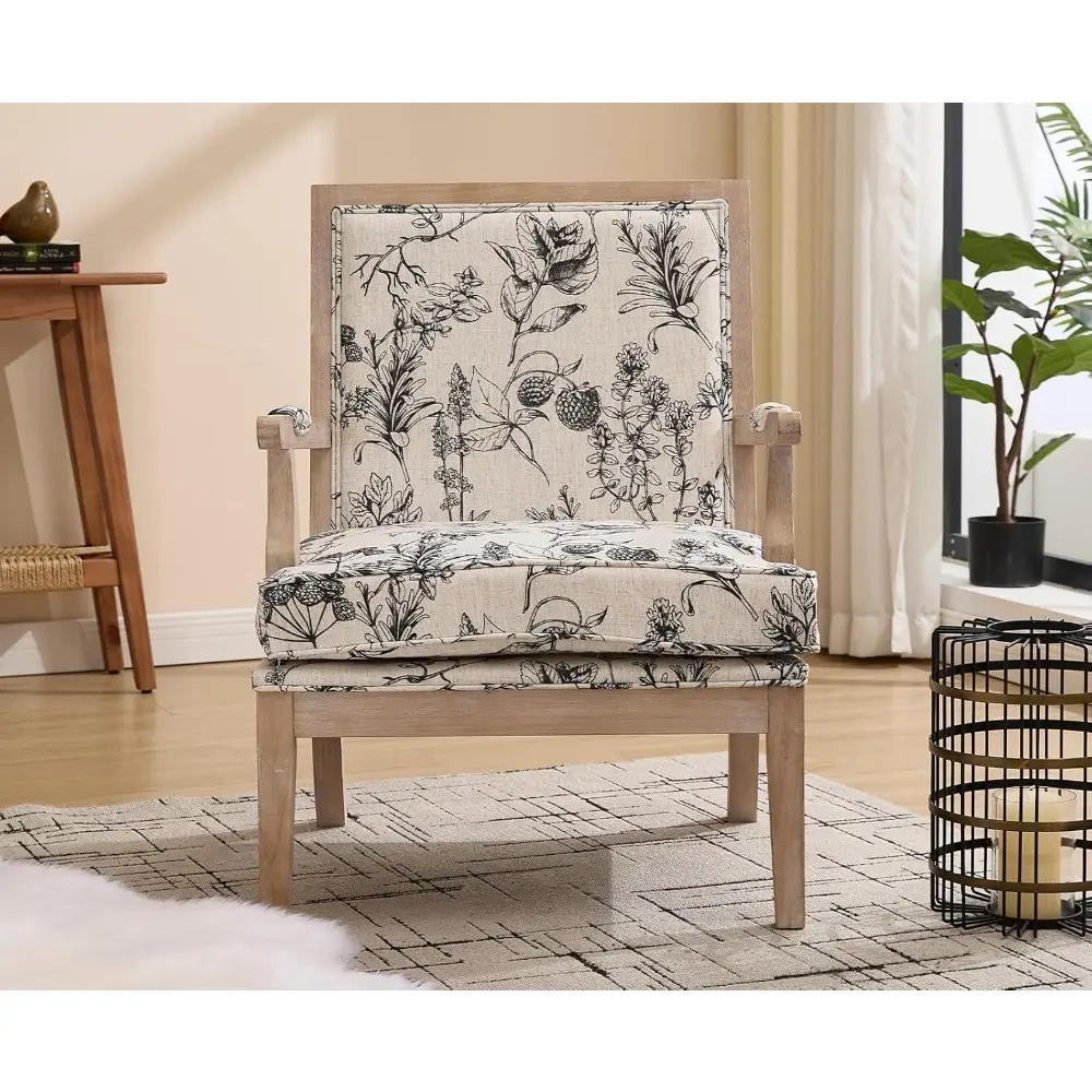 Upholstered Farmhouse Style Accent Chair for Living Spaces with High Back and Solid Wood Frame