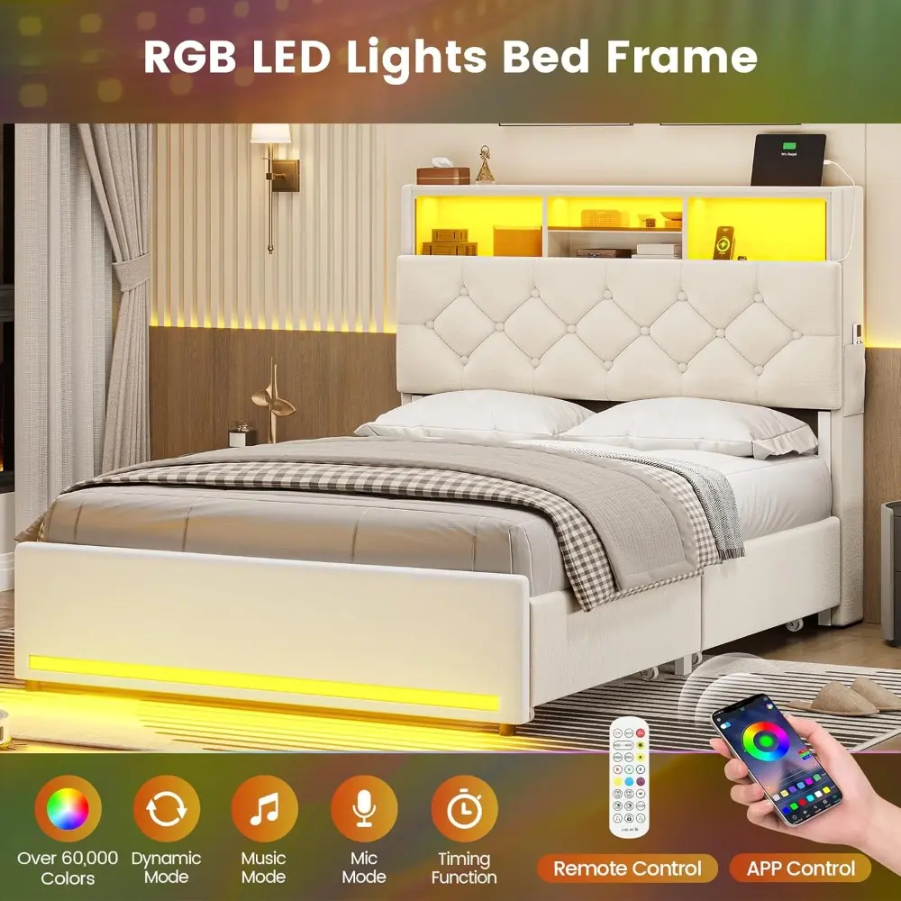 Storage Headboard Twin Bed Frame with 4 Drawers, LED Twin Bed with Charging Station, Velvet Metal Upholstered Bed
