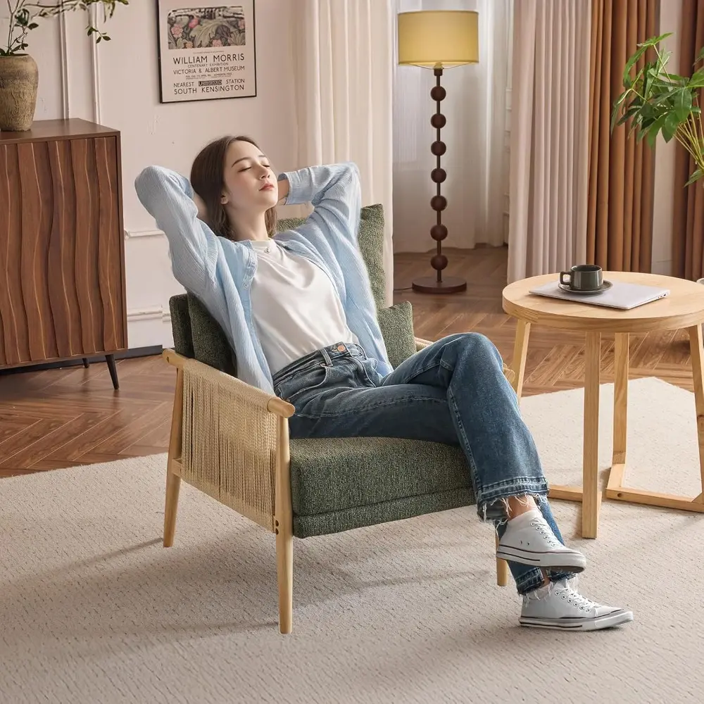 Mid-Century Modern Braid Accent Chairs, Pair of Comfortable Lounge Chairs with Wooden Armrests and Waist Pillows