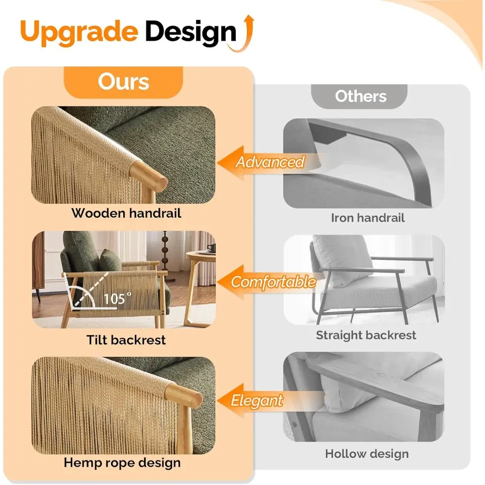Mid-Century Modern Braid Accent Chairs, Pair of Comfortable Lounge Chairs with Wooden Armrests and Waist Pillows
