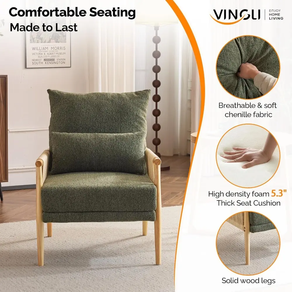 Mid-Century Modern Braid Accent Chairs, Pair of Comfortable Lounge Chairs with Wooden Armrests and Waist Pillows