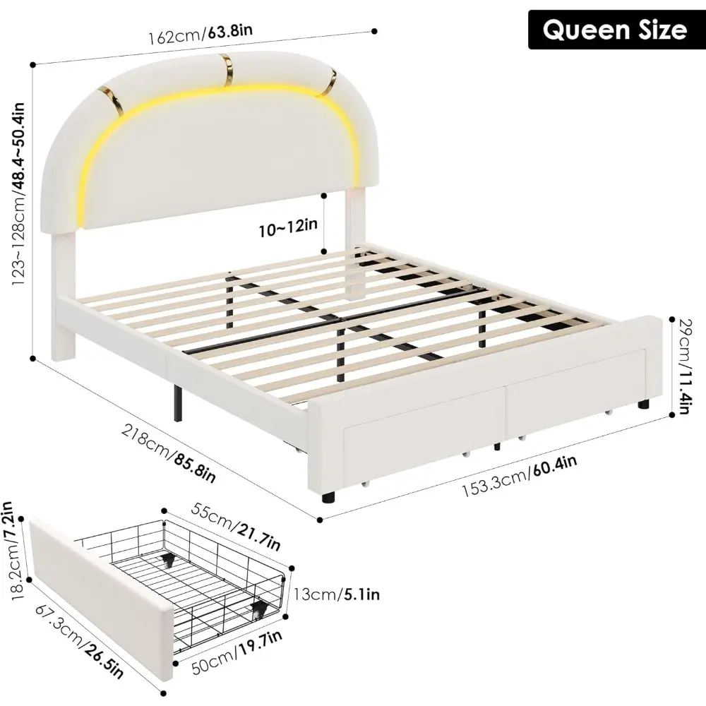 "Keyluv Queen Size LED Bed Frame with Storage Drawers and Adjustable Headboard, Smart Upholstered Platform Bed"