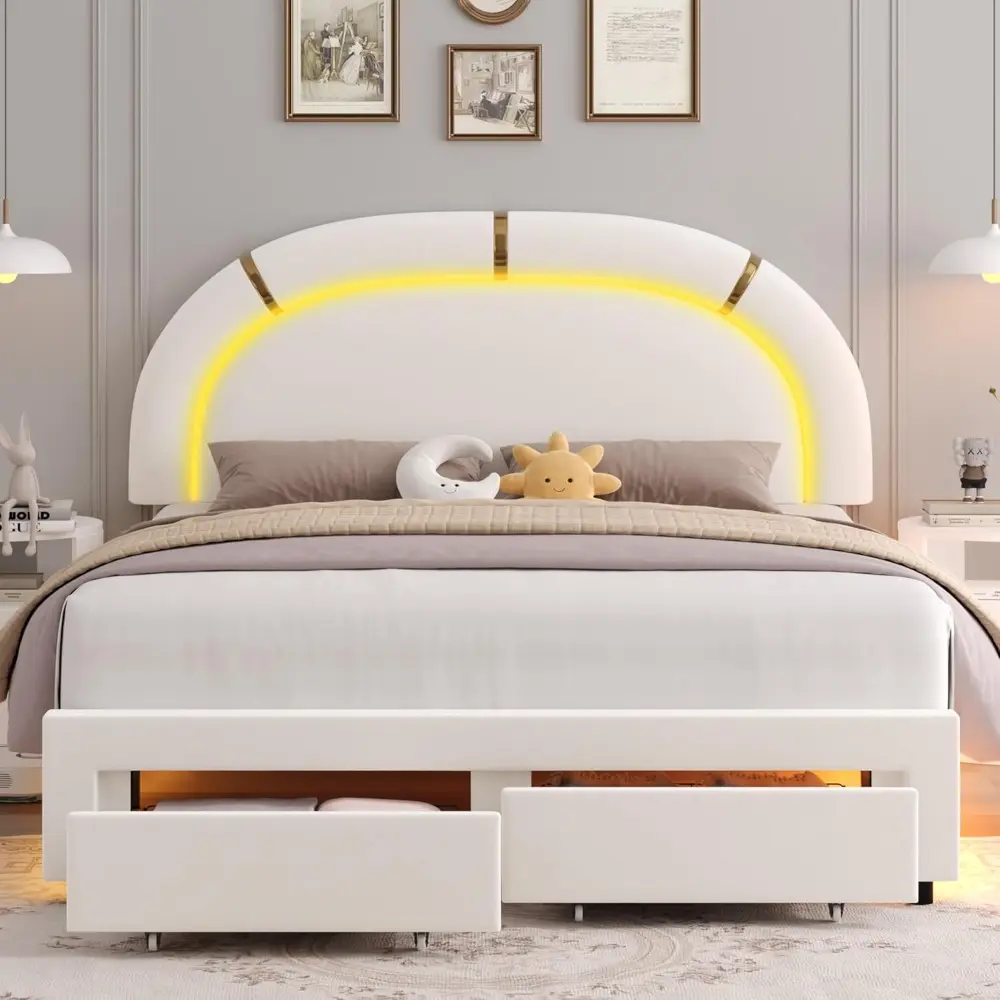 "Keyluv Queen Size LED Bed Frame with Storage Drawers and Adjustable Headboard, Smart Upholstered Platform Bed"
