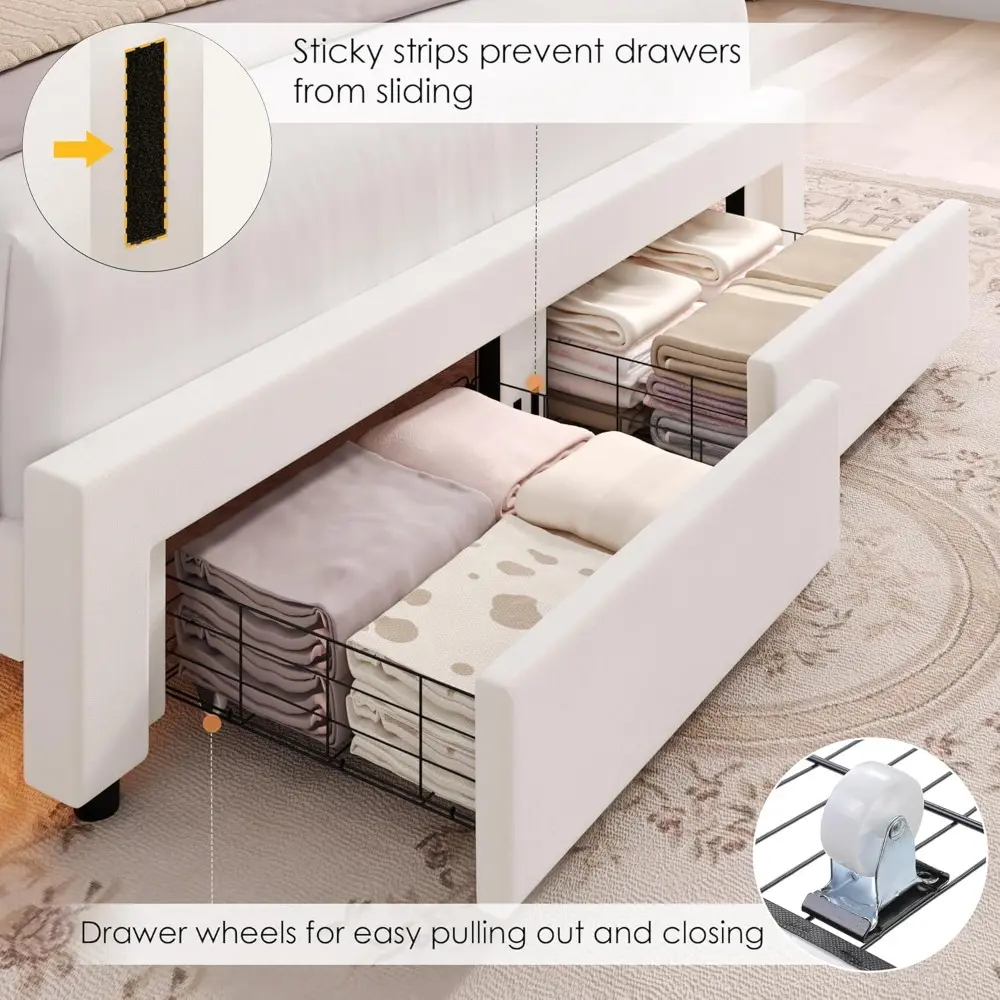 "Keyluv Queen Size LED Bed Frame with Storage Drawers and Adjustable Headboard, Smart Upholstered Platform Bed"