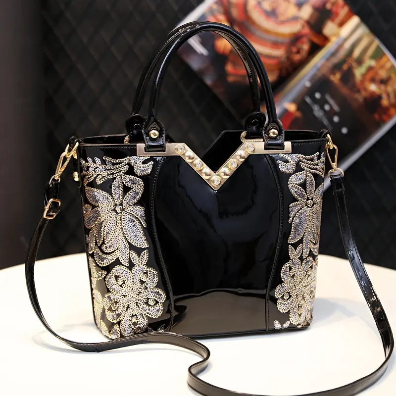 Sequin Embroidered Women Handbag 2024 New V-shaped Luxury Shoulder Crossbody Bag Office Patent Leather Female Casual Tote Bag