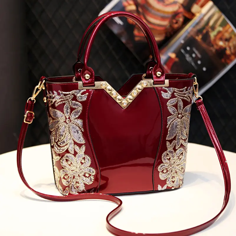Sequin Embroidered Women Handbag 2024 New V-shaped Luxury Shoulder Crossbody Bag Office Patent Leather Female Casual Tote Bag