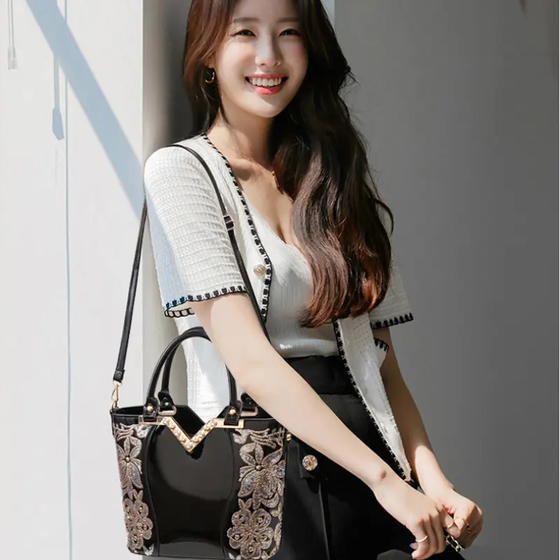 Sequin Embroidered Women Handbag 2024 New V-shaped Luxury Shoulder Crossbody Bag Office Patent Leather Female Casual Tote Bag
