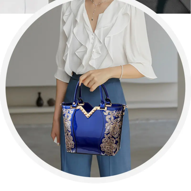 Sequin Embroidered Women Handbag 2024 New V-shaped Luxury Shoulder Crossbody Bag Office Patent Leather Female Casual Tote Bag
