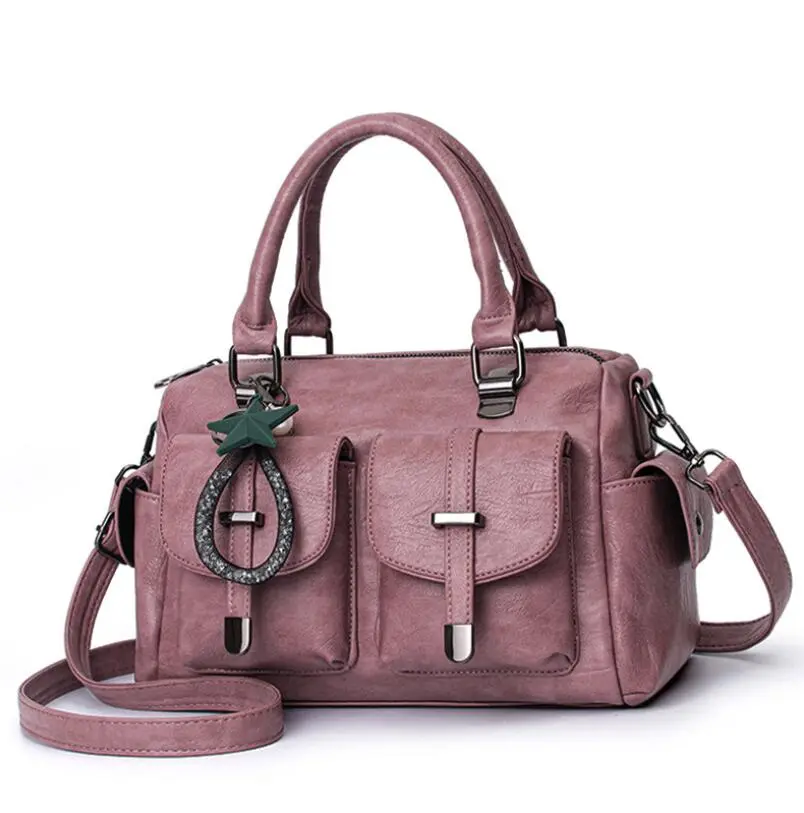 Female Boston Bag New Fashion Handbag Soft Leather Large Capacity Mother Bag Retro Women'S Shoulder Bag Multi-Pocket Female Bag