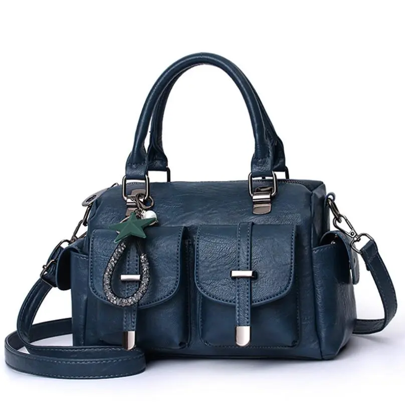 Female Boston Bag New Fashion Handbag Soft Leather Large Capacity Mother Bag Retro Women'S Shoulder Bag Multi-Pocket Female Bag