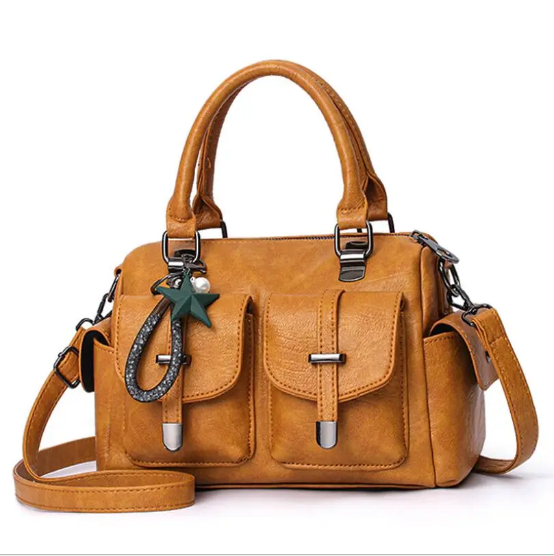 Female Boston Bag New Fashion Handbag Soft Leather Large Capacity Mother Bag Retro Women'S Shoulder Bag Multi-Pocket Female Bag