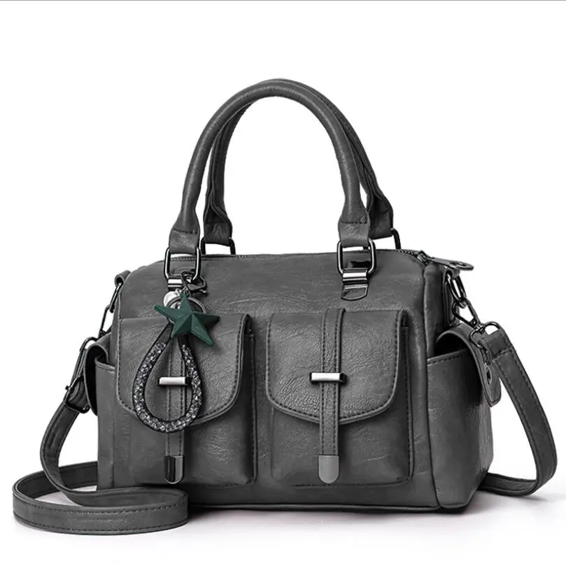 Female Boston Bag New Fashion Handbag Soft Leather Large Capacity Mother Bag Retro Women'S Shoulder Bag Multi-Pocket Female Bag