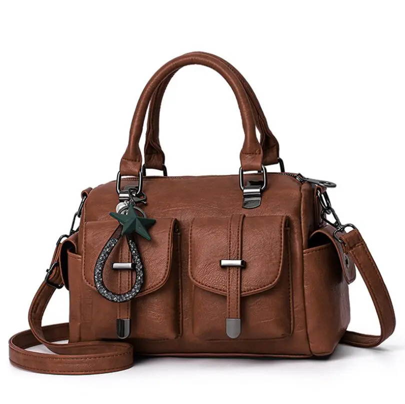 Female Boston Bag New Fashion Handbag Soft Leather Large Capacity Mother Bag Retro Women'S Shoulder Bag Multi-Pocket Female Bag