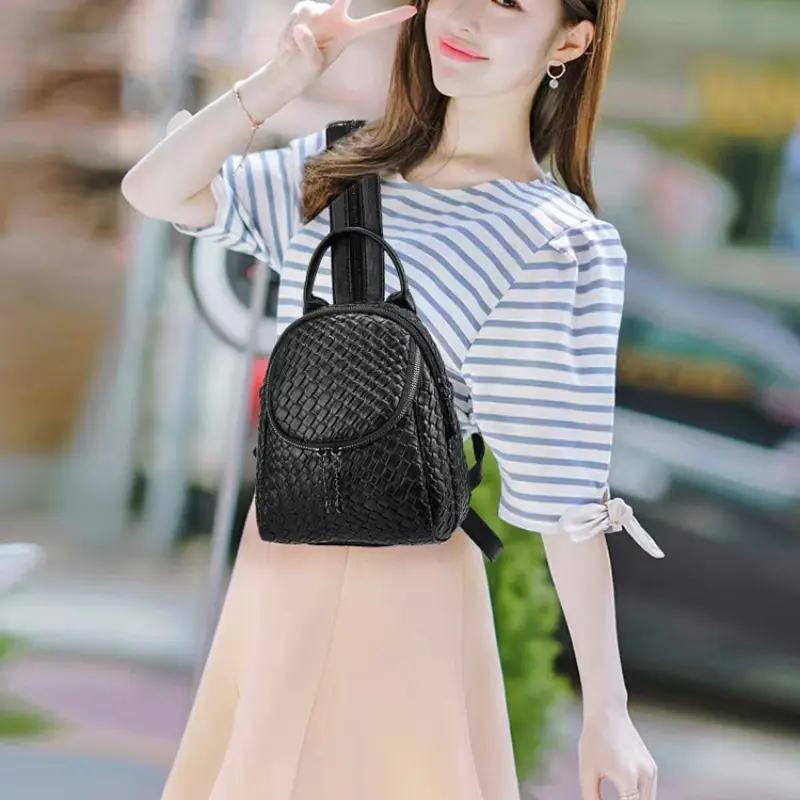 Woven Leather Women's Backpack 2024 New Trendy Korean Version Large Capacity Travel Backpack Womens Students Black School Bag