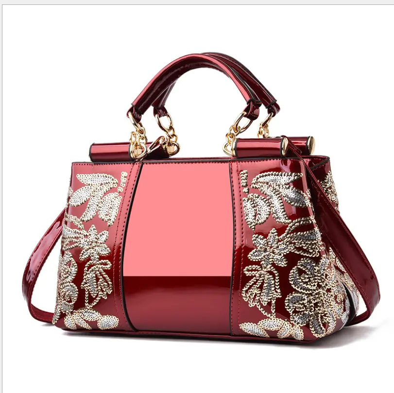 High-Gloss Patent Leather Female Handbag Sequined Female Bag Double-Sided Embroidered Thread Bright Leather Female Messenger Bag