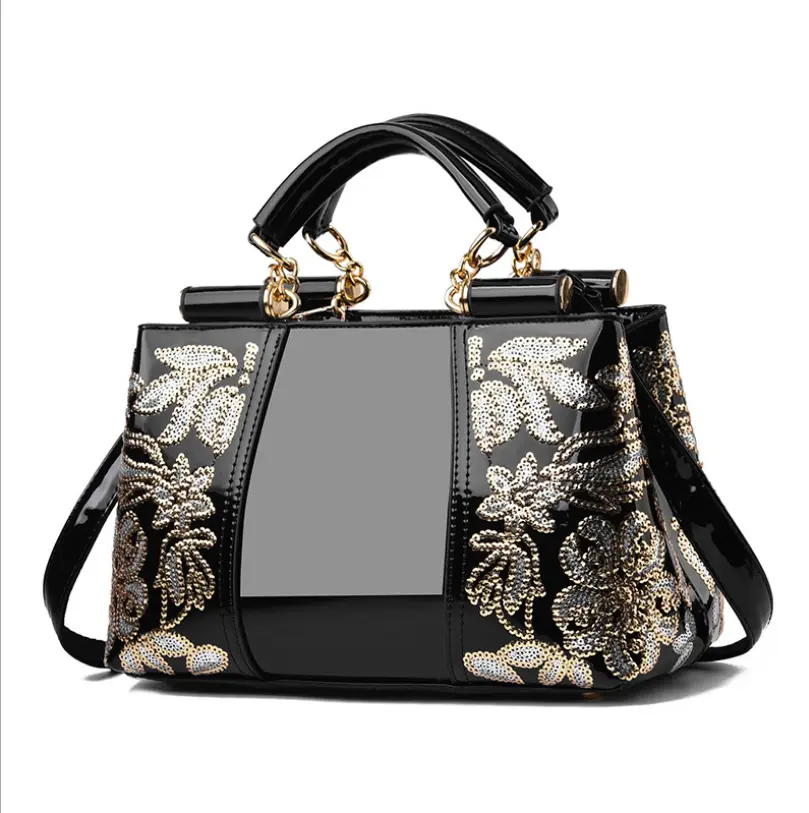 High-Gloss Patent Leather Female Handbag Sequined Female Bag Double-Sided Embroidered Thread Bright Leather Female Messenger Bag