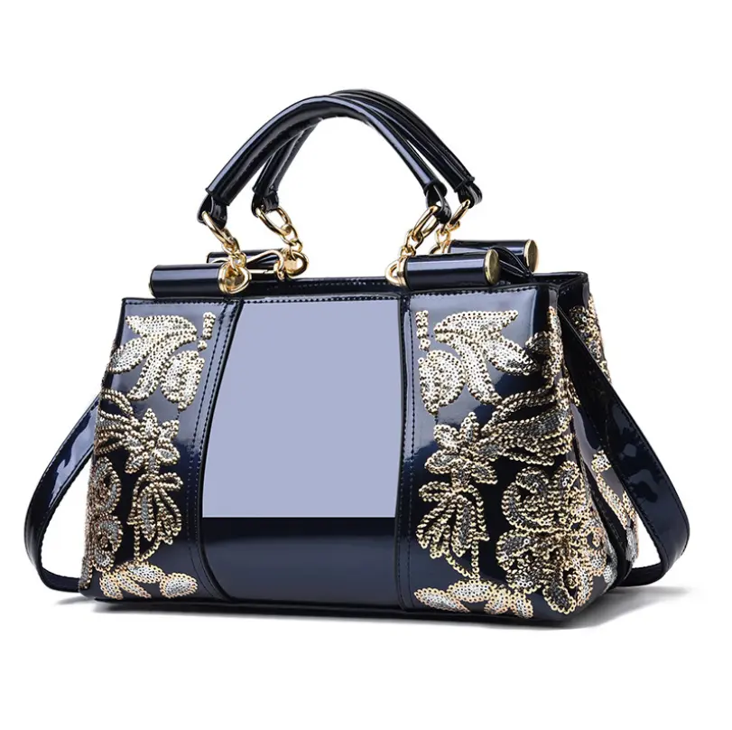 High-Gloss Patent Leather Female Handbag Sequined Female Bag Double-Sided Embroidered Thread Bright Leather Female Messenger Bag