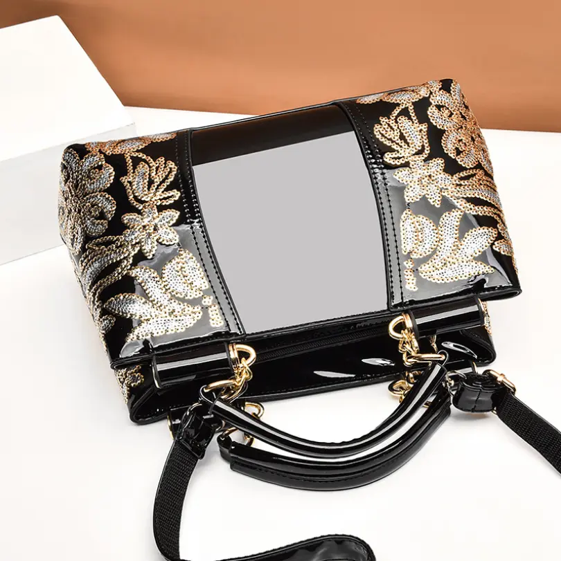 High-Gloss Patent Leather Female Handbag Sequined Female Bag Double-Sided Embroidered Thread Bright Leather Female Messenger Bag