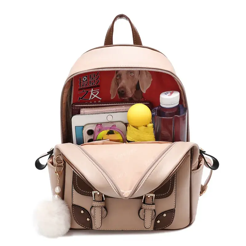 2024 New Plush Pendant Women's Backpack Academy Style Girls' Backpack Contrasting Colors Korean Version Women's Crossbody Bag