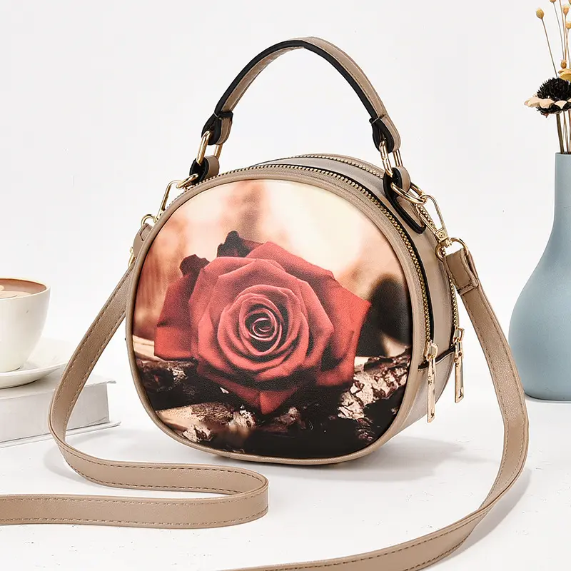 Elegant Women's Handbag High Quality Print Leather Top-Handle Bag Vintage Stylish Pattern Handbag for Women Small Round Bags
