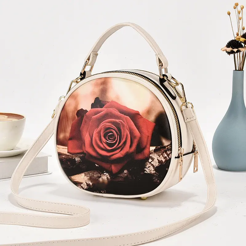 Elegant Women's Handbag High Quality Print Leather Top-Handle Bag Vintage Stylish Pattern Handbag for Women Small Round Bags