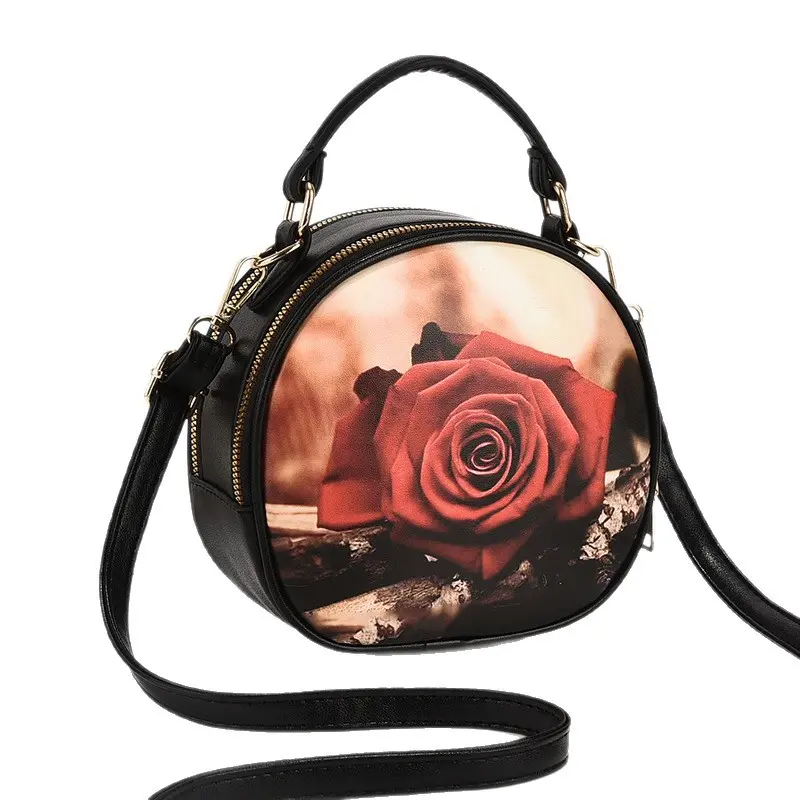 Elegant Women's Handbag High Quality Print Leather Top-Handle Bag Vintage Stylish Pattern Handbag for Women Small Round Bags