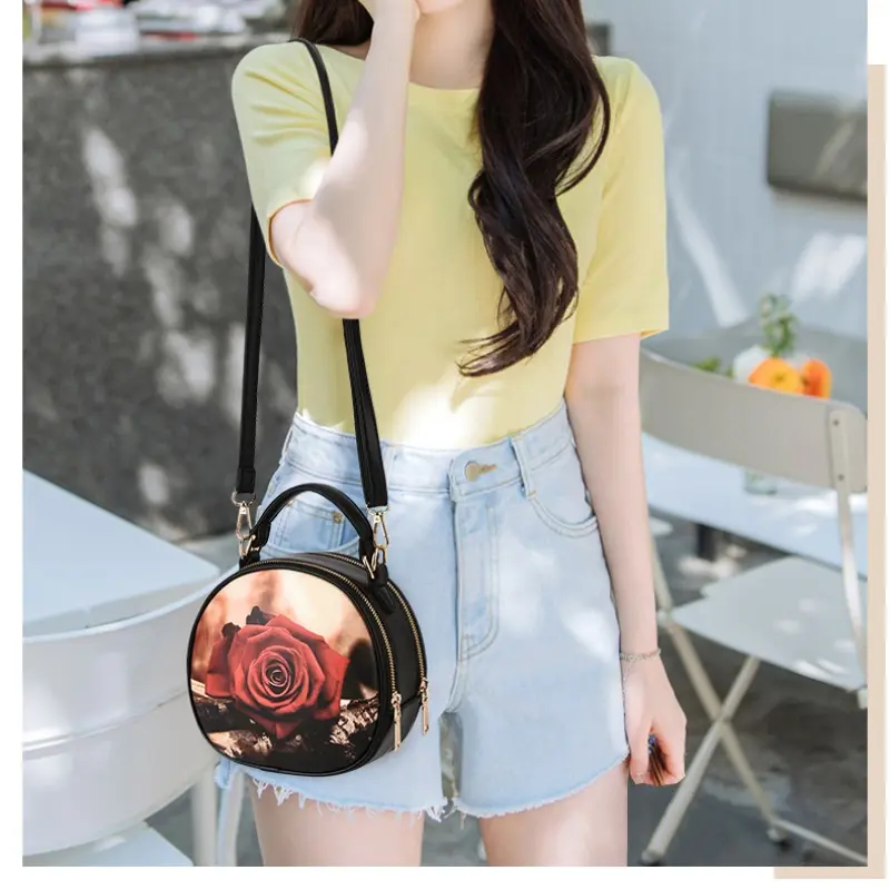 Elegant Women's Handbag High Quality Print Leather Top-Handle Bag Vintage Stylish Pattern Handbag for Women Small Round Bags