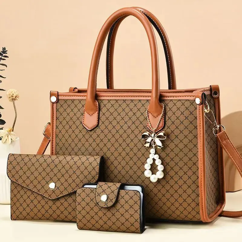 Fashionable Large Capacity Women's Handbag Vintage Style PU Leather Shoulder Bag Set 3Pcs Women's Daily Beach Shopping Bags