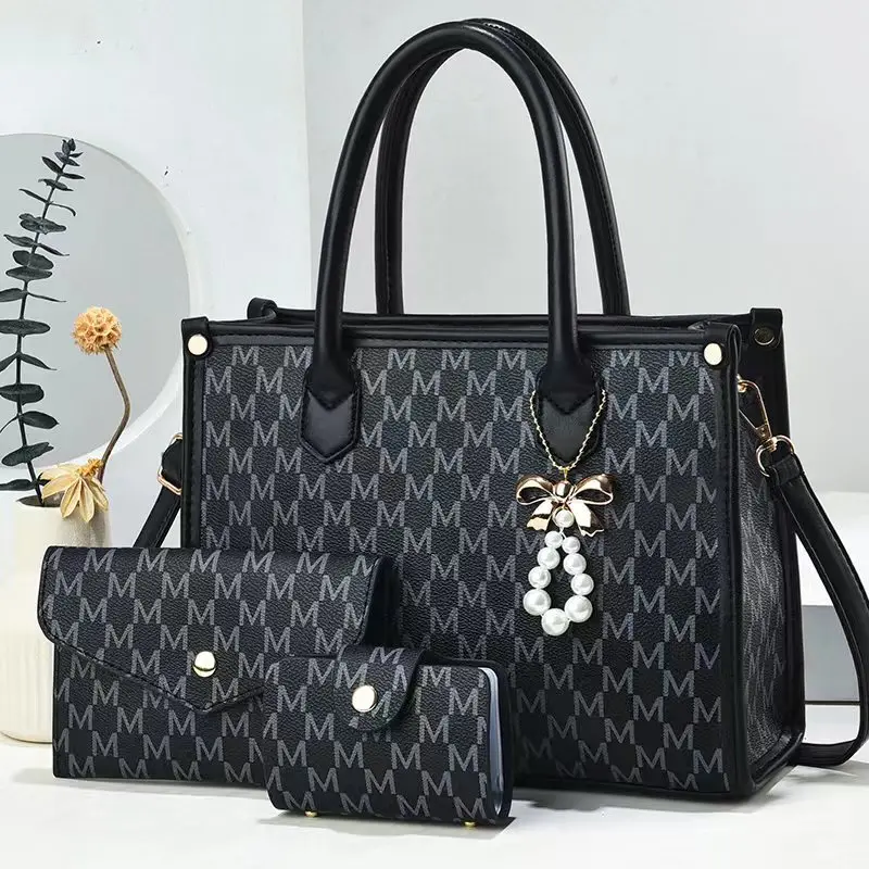 Women Tote Handbag Set 3Pcs Fashion Trendy Plaid PU Shoulder Bag Wallet and Card Holder for Travel Daily Beach Shopping Bags