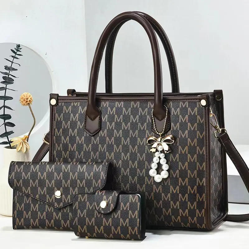 Women Tote Handbag Set 3Pcs Fashion Trendy Plaid PU Shoulder Bag Wallet and Card Holder for Travel Daily Beach Shopping Bags
