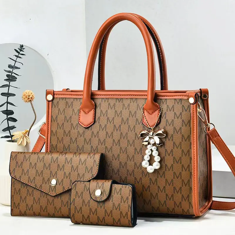 Women Tote Handbag Set 3Pcs Fashion Trendy Plaid PU Shoulder Bag Wallet and Card Holder for Travel Daily Beach Shopping Bags
