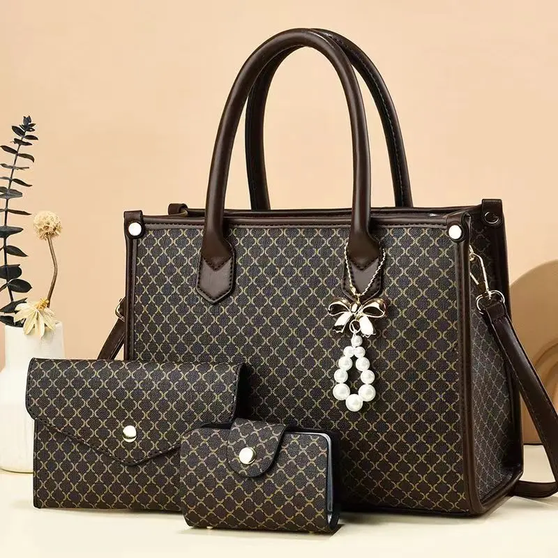 Fashionable Large Capacity Women's Handbag Vintage Style PU Leather Shoulder Bag Set 3Pcs Women's Daily Beach Shopping Bags