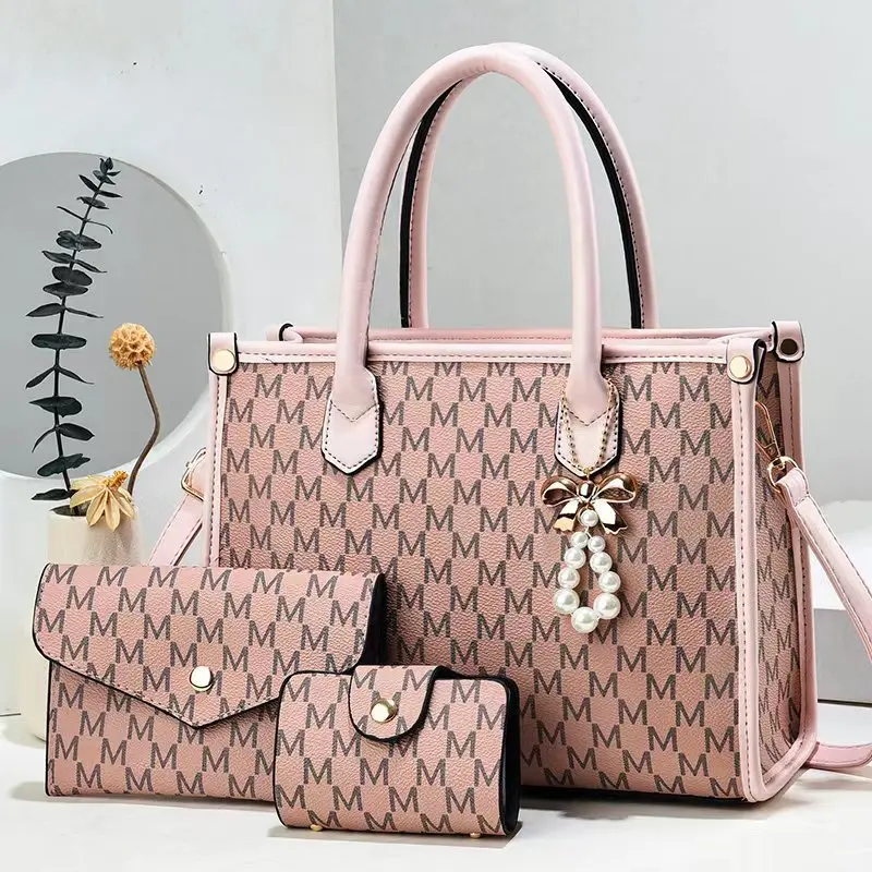 Women Tote Handbag Set 3Pcs Fashion Trendy Plaid PU Shoulder Bag Wallet and Card Holder for Travel Daily Beach Shopping Bags