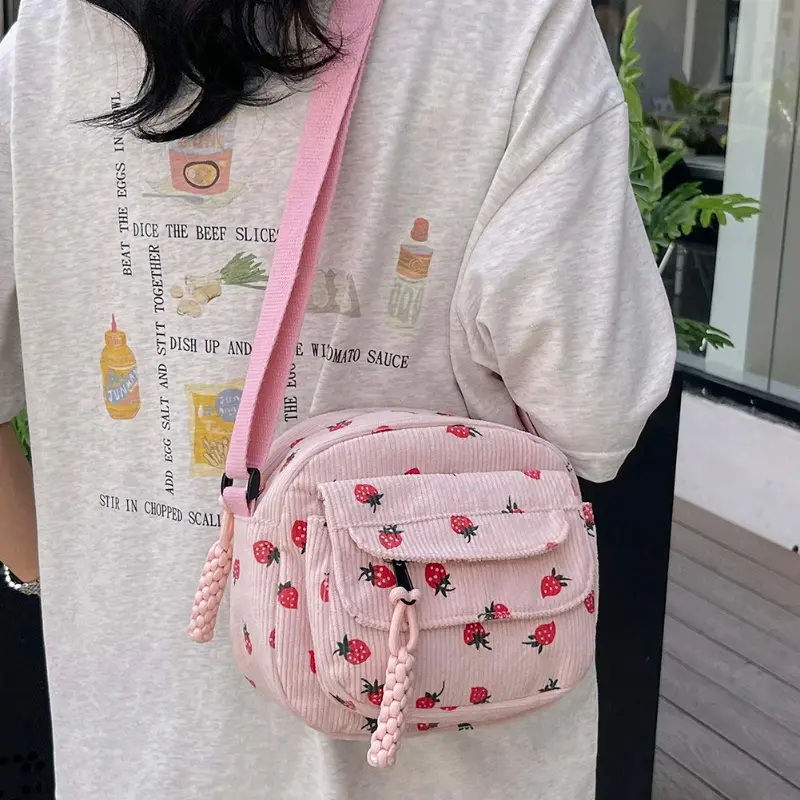 Korean Harajuku Shoulder Bag for Women Strawberry Pattern Trendy Crossbody Bag Corduroy Handbag Casual Multi-pocket Student Bag