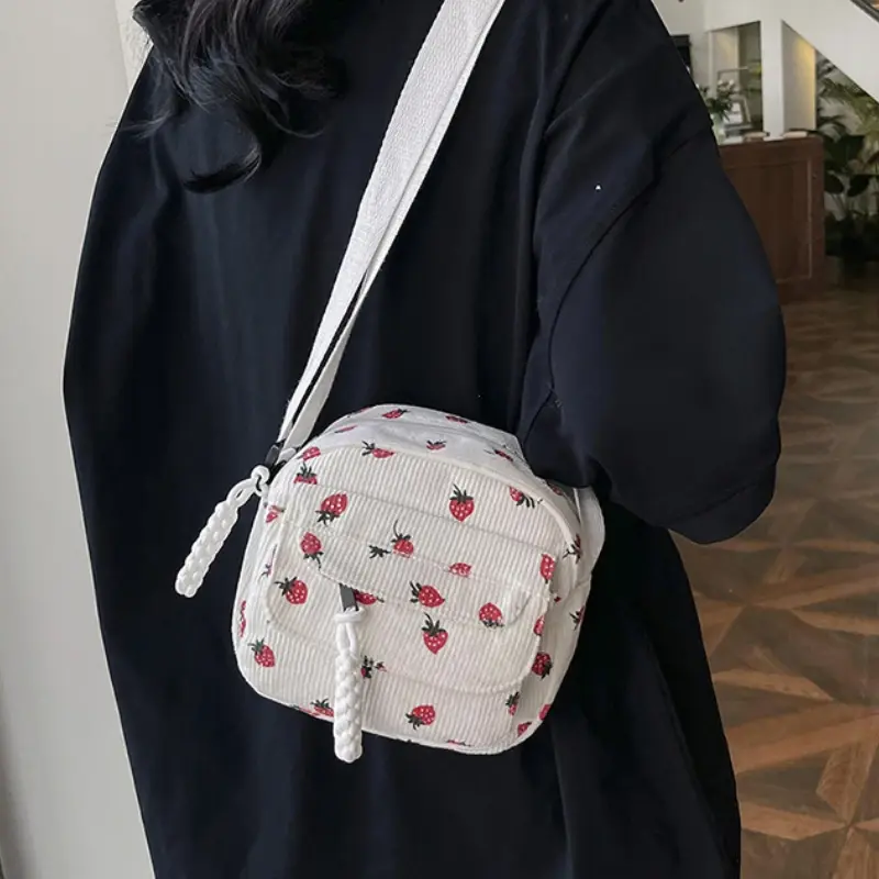 Korean Harajuku Shoulder Bag for Women Strawberry Pattern Trendy Crossbody Bag Corduroy Handbag Casual Multi-pocket Student Bag