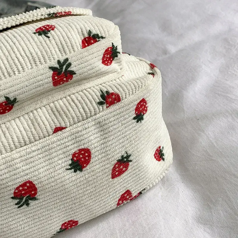 Korean Harajuku Shoulder Bag for Women Strawberry Pattern Trendy Crossbody Bag Corduroy Handbag Casual Multi-pocket Student Bag