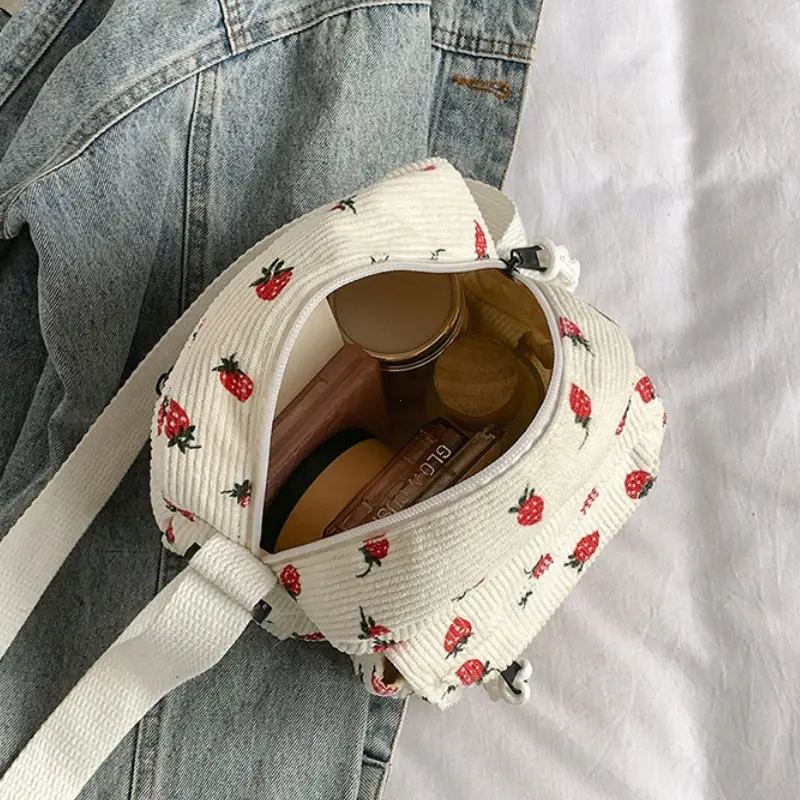 Korean Harajuku Shoulder Bag for Women Strawberry Pattern Trendy Crossbody Bag Corduroy Handbag Casual Multi-pocket Student Bag