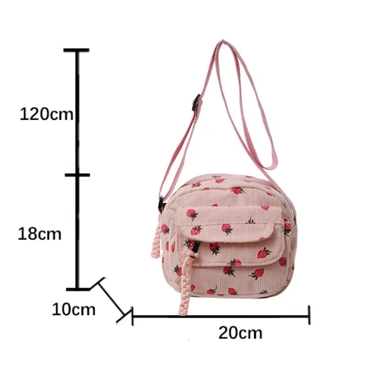 Korean Harajuku Shoulder Bag for Women Strawberry Pattern Trendy Crossbody Bag Corduroy Handbag Casual Multi-pocket Student Bag