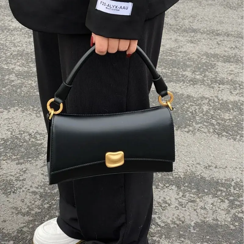Y2K Women's Shoulder Bag Black Flap Lock PU Leather Top-Handle Messenger Bag High-end Feel Niche Handbag New Trendy Square Bag