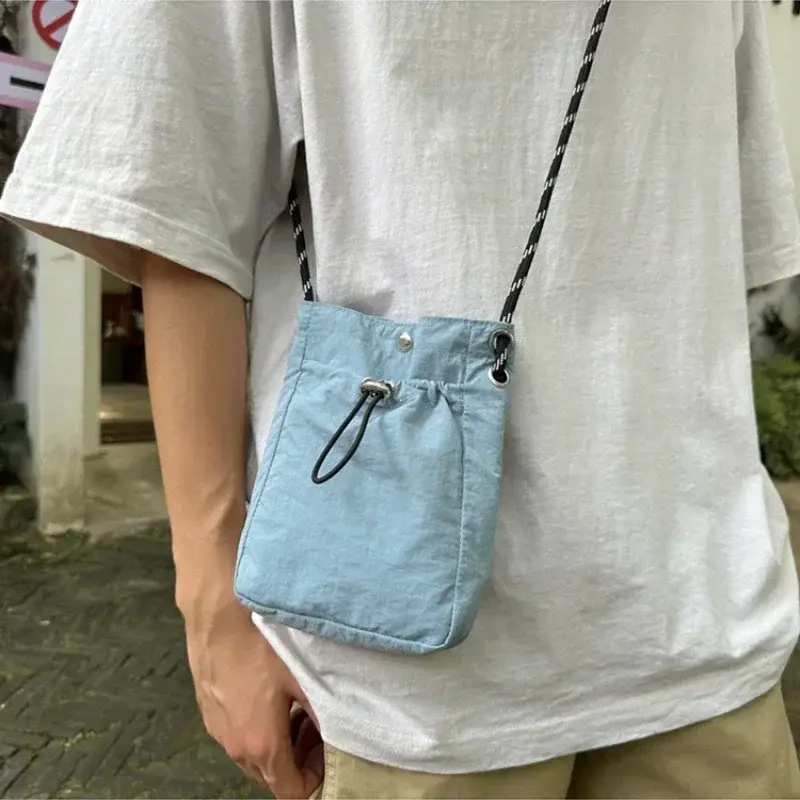 Korean Mobile Phone Bag Mini Nylon Shoulder Bags for Men Women Soft Mini Phone Small Square Bag Drawstring Crossbody Bag