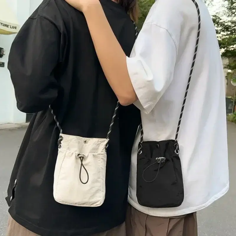 Korean Mobile Phone Bag Mini Nylon Shoulder Bags for Men Women Soft Mini Phone Small Square Bag Drawstring Crossbody Bag