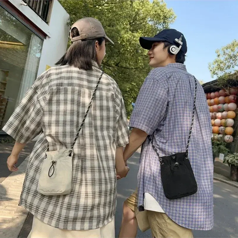 Korean Mobile Phone Bag Mini Nylon Shoulder Bags for Men Women Soft Mini Phone Small Square Bag Drawstring Crossbody Bag