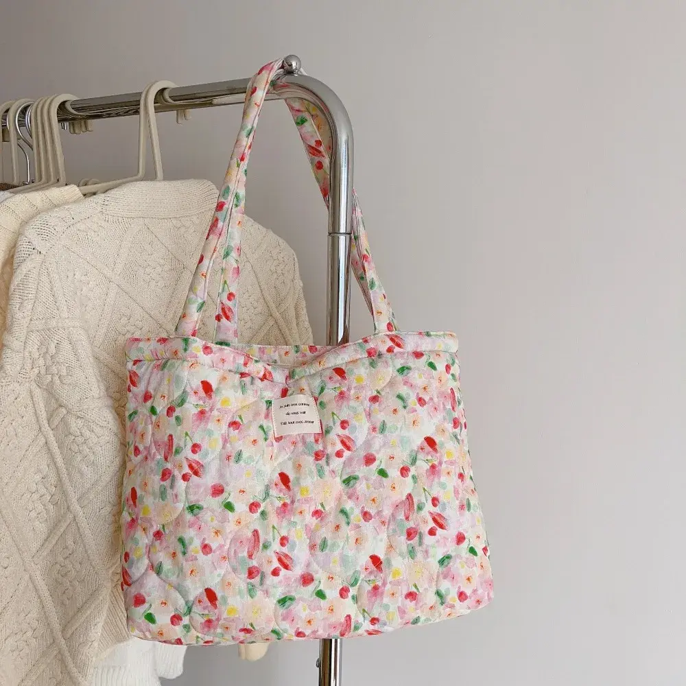 Handbag Cotton Floral Tote Bag for Women Trendy Chic Puffy Top Handle Bag Quilted Padded Shoulder Bag Designer Shopper Bags